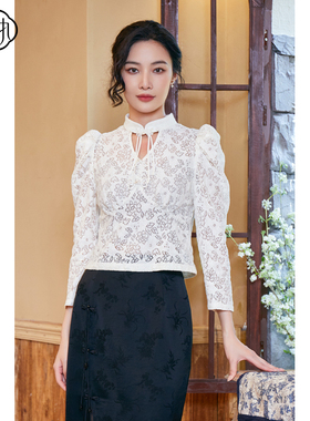 固执秋季新款新中式立领镂空泡泡长袖短款蕾丝衫80133SY08235