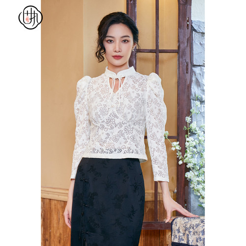 中式立领蝴蝶结上衣女 长袖复古短款蕾丝衫