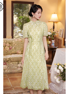 固执秋季新款新中式立领蕾丝泡泡袖短袖连衣裙40933LQ08283