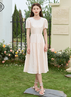 固执夏季新款法式复古圆领泡泡短袖中长款连衣裙80532LQ08174