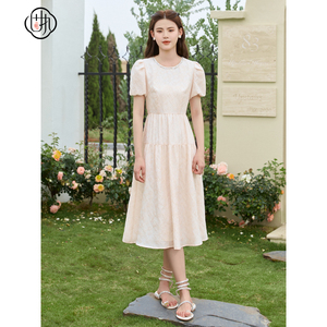固执夏季新款法式复古圆领泡泡短袖中长款连衣裙80532LQ08174
