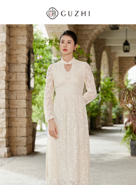 固执秋季新款中式镂空立领长袖中长款蕾丝连衣裙80133LQ08320