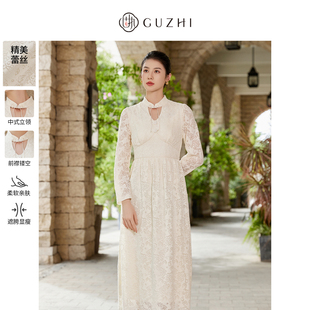 中长款 固执秋季 镂空立领长袖 中式 蕾丝连衣裙80133LQ08320 新款