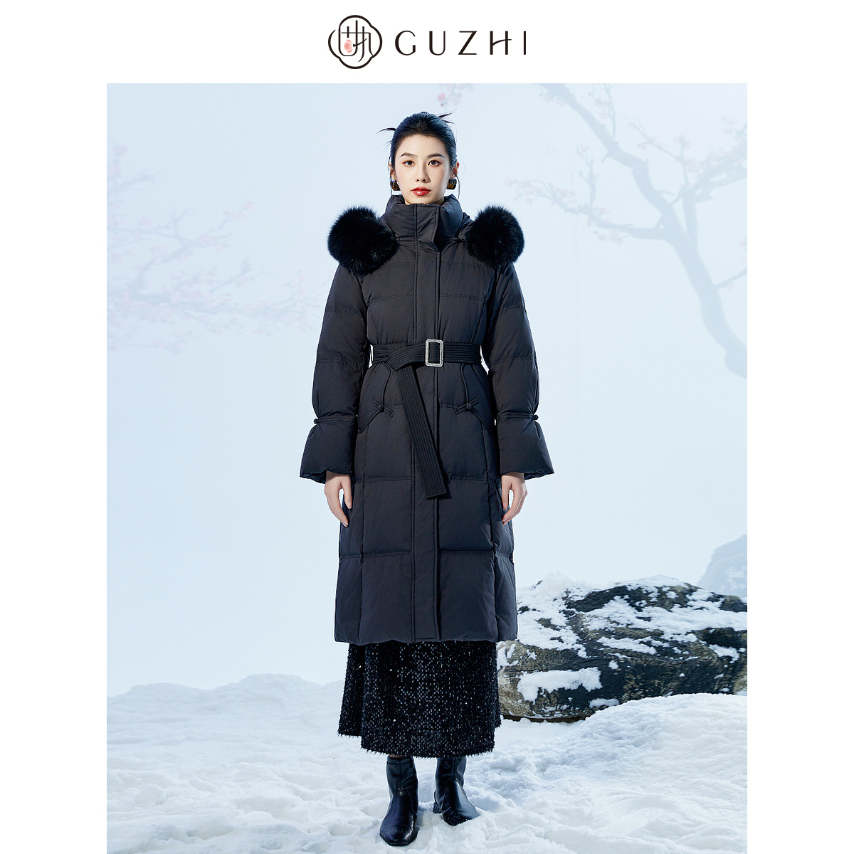 固执冬季新款带帽高领保暖厚毛领腰带中长鸭绒羽绒服外套女