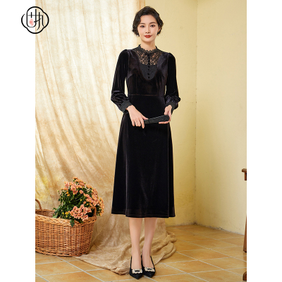 固执秋冬新款复古立领高腰泡泡袖长袖丝绒连衣裙00033LQ08419