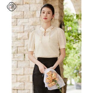 盘扣水滴立领泡泡短袖 中式 优雅短款 针织衫 固执秋季 女装 新款