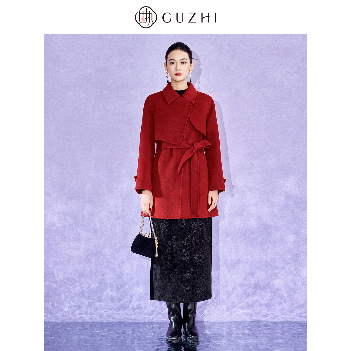 学院风翻领中长外套 双面毛呢绑带大衣女