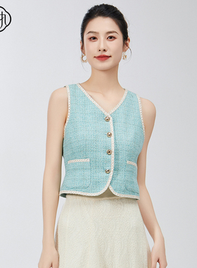 固执春季新款气质小香风通勤v领撞色无袖短马夹30741MJ08797