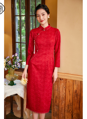 固执秋季新款中式气质红色蕾丝长袖修身改良旗袍20933QP08291
