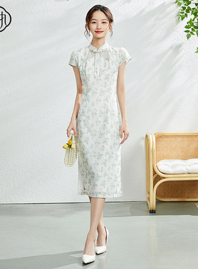 固执夏季新款中国风立领短袖蕾丝碎花改良旗袍裙40032QP08051