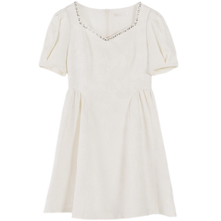 固执夏新款法式方领高腰泡泡短袖提花短款连衣裙80132LQ07830