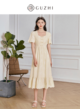 固执夏季新款气质方领短袖荷叶边碎花连衣裙50832LQ08113