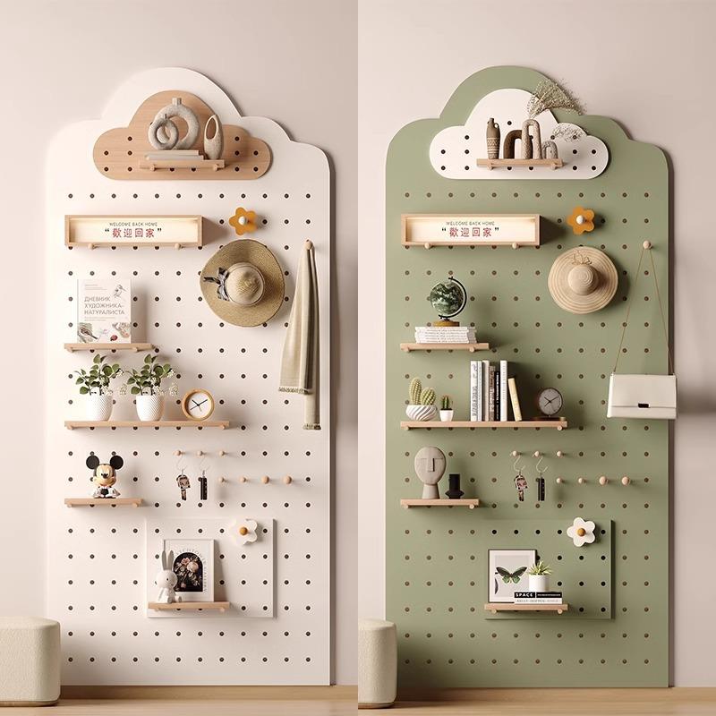 实木洞洞板门后玄关墙上置物架儿童书桌背景墙造型展示架挂板隔板