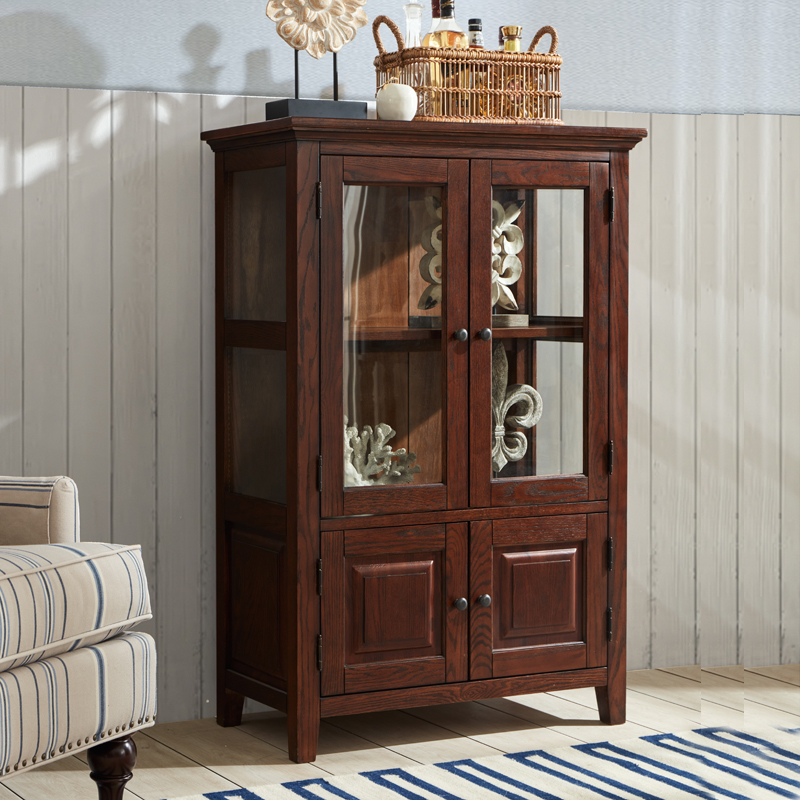 红橡木美式乡村带钢化玻璃门纯实木两门小书柜展示柜电视柜边柜