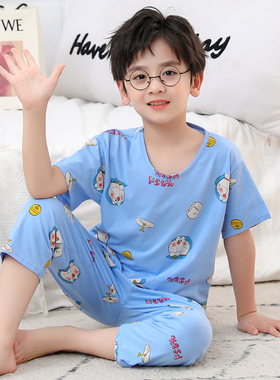 文波男童纯棉睡衣夏季薄款短袖七分裤全棉家居服套男孩空调服套装