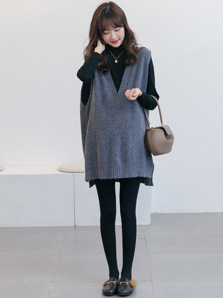 PREGNANT WOMEN AUTUMN SUITS FASHIONABLE FASHION MOMS VERSATILE HIGH NECK BOTTOMS KNITTED V-NECK SWEATERS VESTS AUTUMN AND WINTER TWO-PIECE SETS
