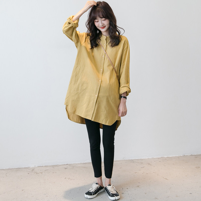 출산 가을 긴팔 상의 중간 길이 셔츠 한국식 루즈하고 심플하며 다재다능한 봄 가을 셔츠