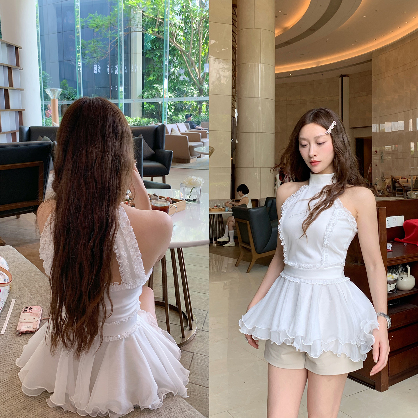 linalina/昭和奈莉/法式白色挂脖露背雪纺衫收腰显瘦高腰上衣女夏