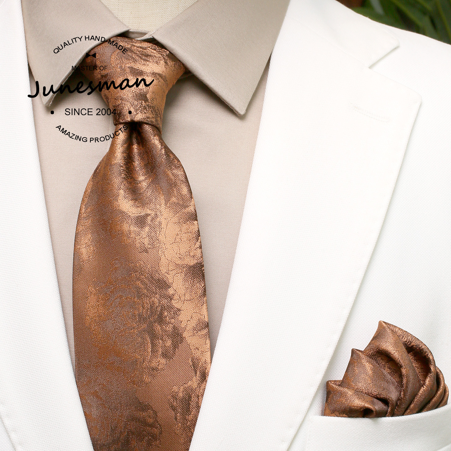 玫瑰香槟金！六月男人 手工制 商务正装仿真丝领带男士口袋小方巾