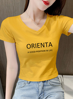 2021年新款紫色修身短袖高腰t恤女法式v领短款紧身上衣百搭衣服夏