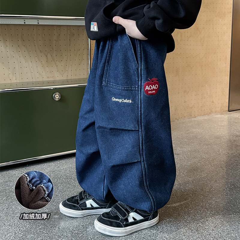 男童加绒牛仔裤2025冬季新款儿童加厚一体绒保暖休闲裤束脚百搭潮