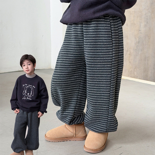 男童加绒裤子2025冬季新款儿童加厚保暖卫裤条纹束脚男宝运动裤潮