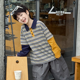 男童长袖T恤2026春季新款儿童条纹翻领假两件POLO衫上衣春装洋气