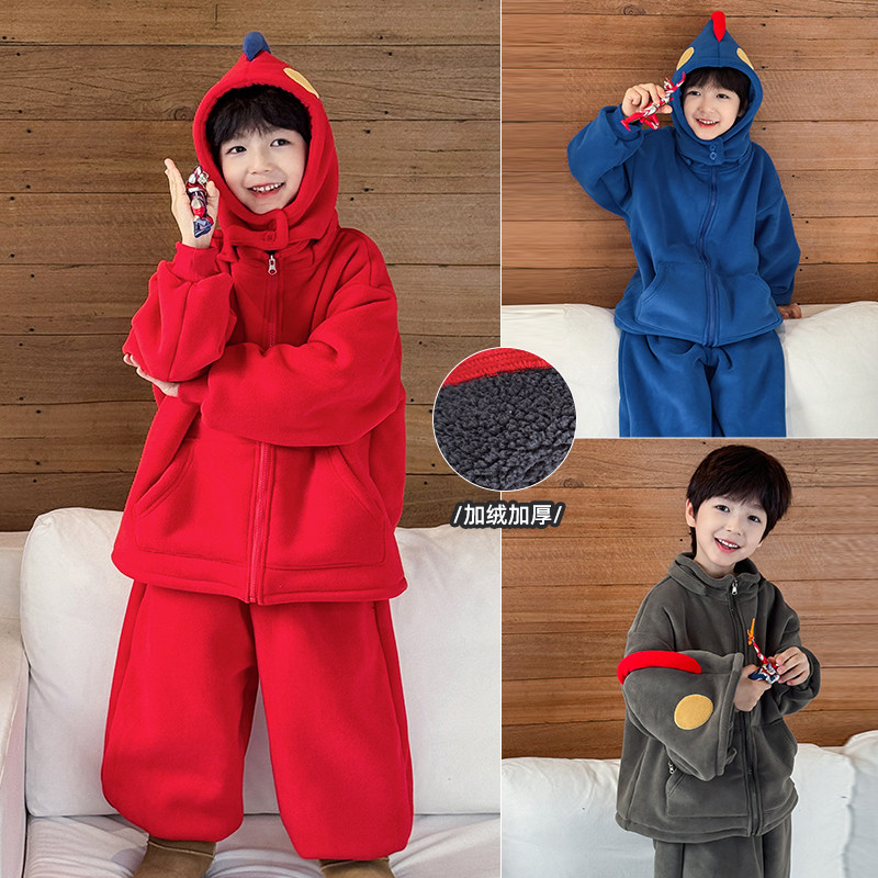 男童家居服套装2025冬季新款儿童帅气奥特曼毛绒加厚连帽睡衣冬装
