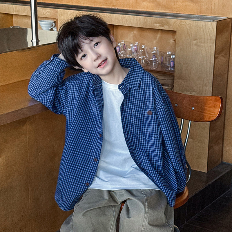 男童衬衫2026春季新款儿童格子翻领衬衣百搭外套男宝宝春装棉洋气