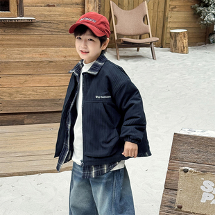 男童外套2025冬季新款儿童韩版加厚保暖夹棉格子假两件男宝冬装潮