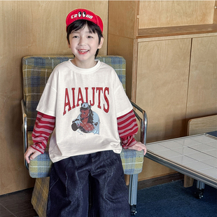 男童长袖T恤2026春季新款儿童条纹假两件打底衫小马印花男宝春装