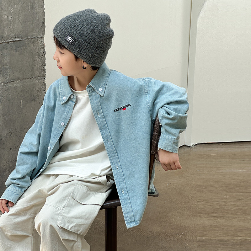 男童外套2025秋季新款儿童软牛仔衬衫气质刺绣宽松男宝秋装洋气棉