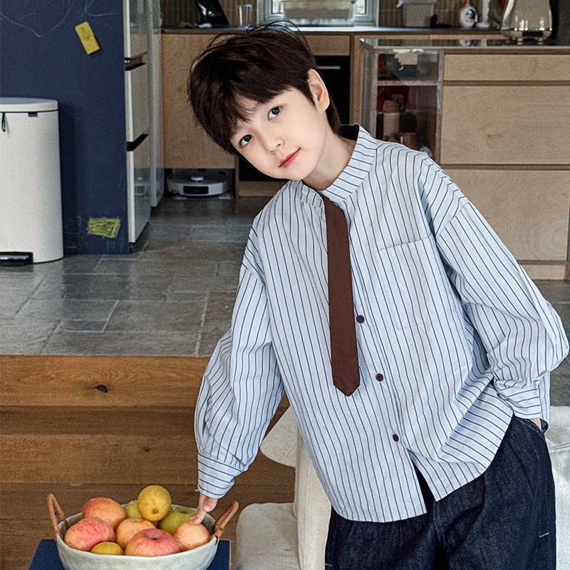 男童衬衫2026春季新款儿童洋气领带条纹衬衣气质校园风男宝春装潮