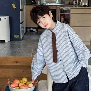 男童衬衫2026春季新款儿童洋气领带条纹衬衣气质校园风男宝春装潮