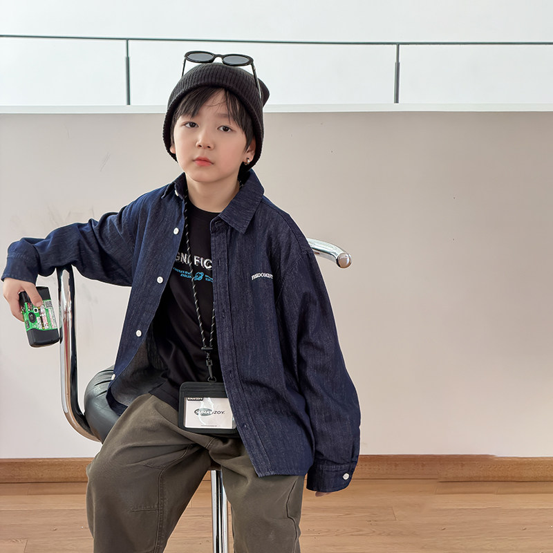 男童纯棉潮酷春秋翻领砂洗衬衫