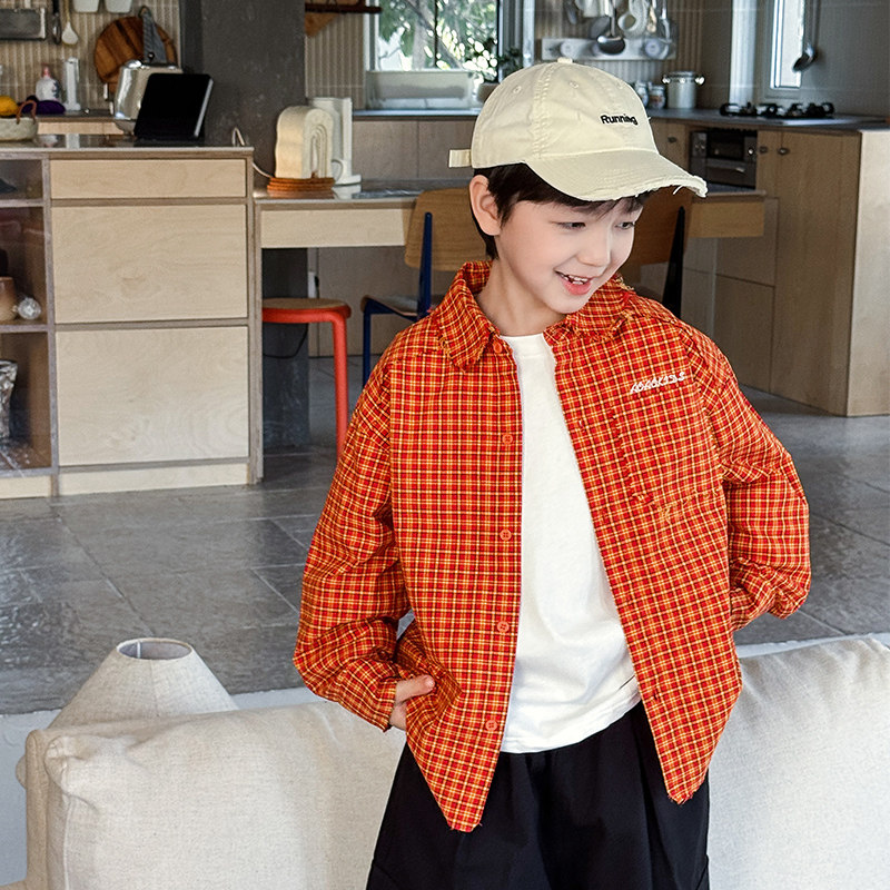 男童衬衫长袖2026春季新款儿童格子衬衣洋气毛边外套男宝春装上衣