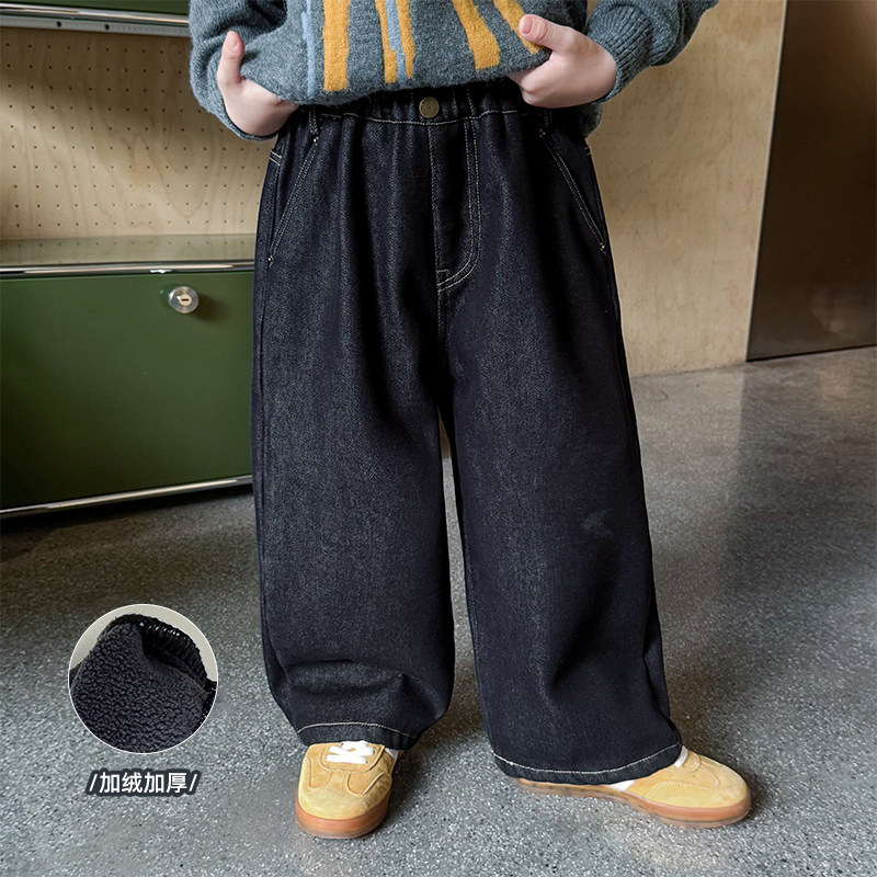 男童加绒牛仔裤儿童一体绒加厚裤子2025冬季新款宝宝冬装休闲裤潮