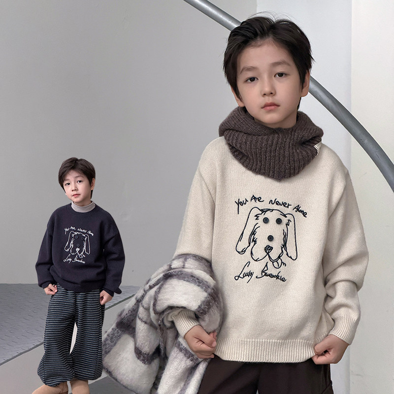 男童毛衣2025冬季新款儿童加厚保暖绵羊绒针织衫刺绣小狗男宝冬装
