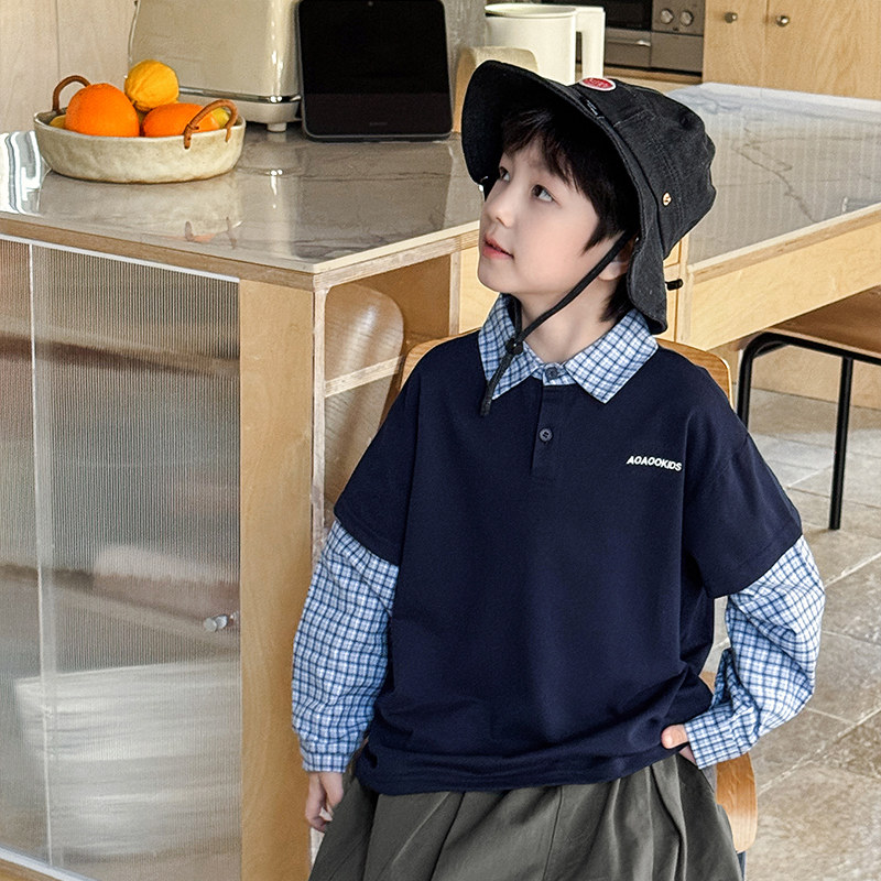 男童长袖T恤2026春季新款儿童学院风假两件POLO衫男宝春装上衣潮
