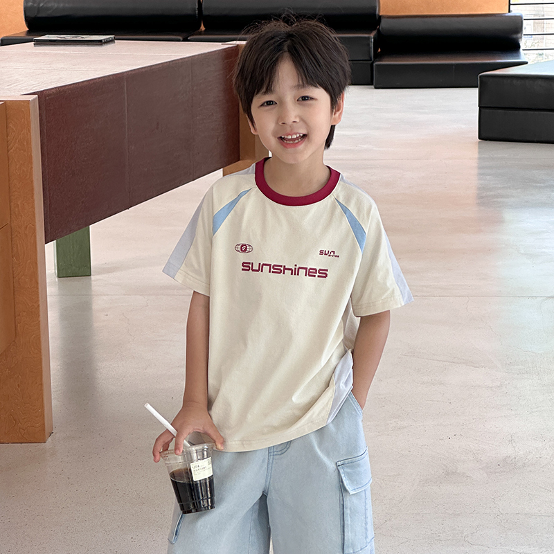 男童短袖T恤2025夏季新款童装凉感撞色字母印花t宽松男宝夏装洋气