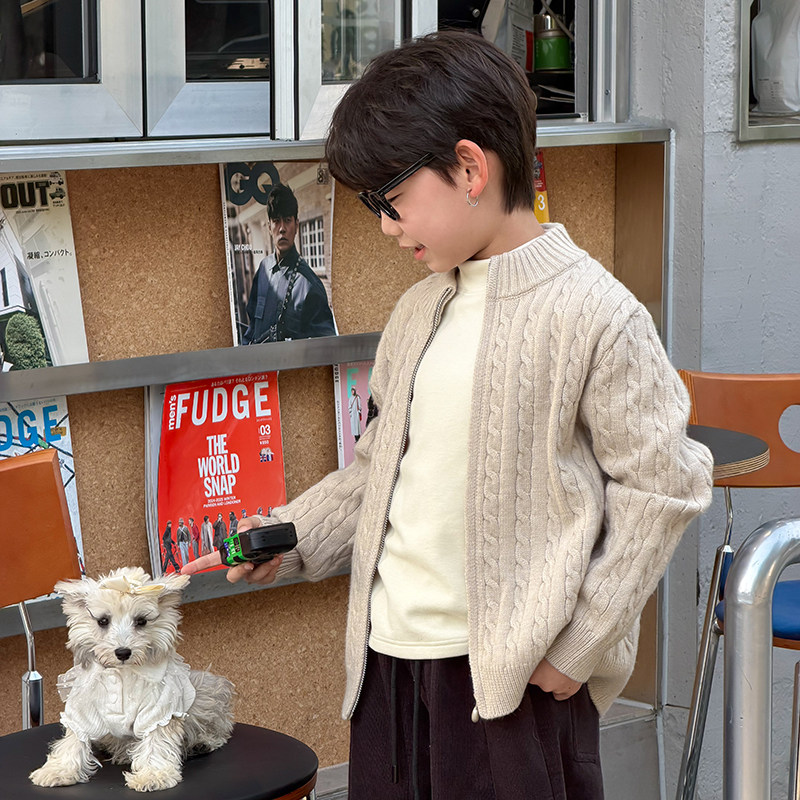 男童毛衣2025冬季新款儿童加厚保暖绵羊绒麻花针织衫开衫男宝冬装