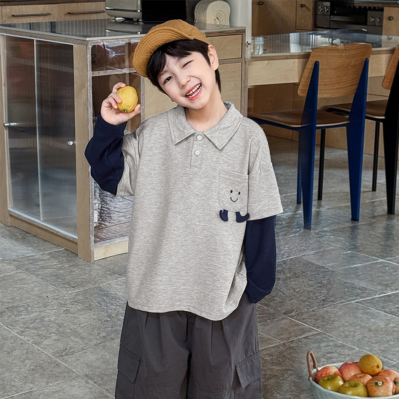男童长袖T恤2026春季新款儿童立体口袋翻领POLO衫假两件上衣洋气