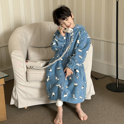 男童加厚珊瑚绒长款家居服浴袍