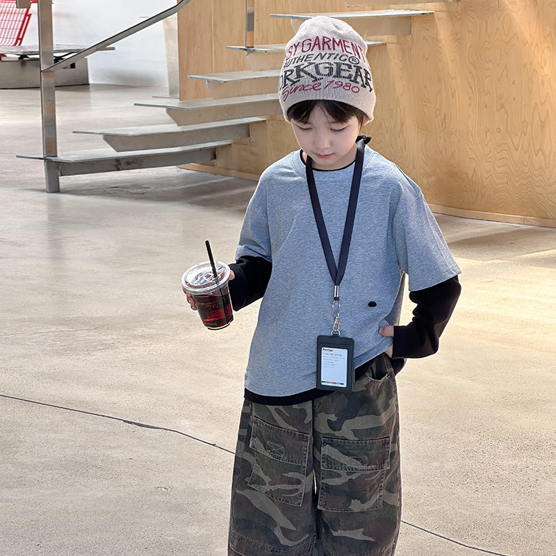 男童长袖T恤2025秋季新款儿童痞帅假两件打底衫全棉男宝秋装上衣