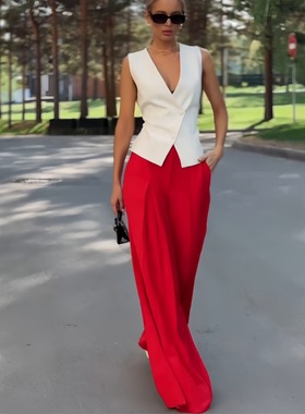 深V无袖上衣高腰阔腿裤两件套ladies tops pants 2 pieces set
