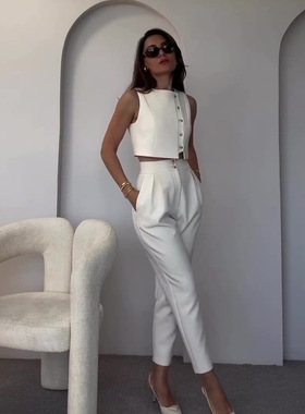 无袖马甲直筒裤纯色黑白两件套ladies two pieces jacket pants
