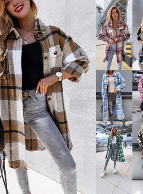 spring Ladies blouse shirt Women Tops 中长款衬衫格子长袖上衣