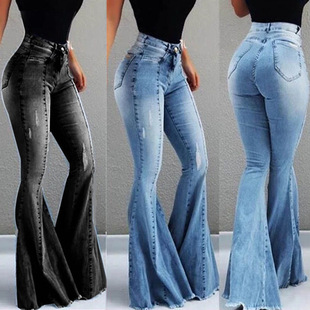 ladies jeans trousers elastic female pants 女喇叭蓝色牛仔裤