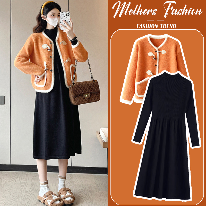 孕妇连衣裙橙色套装秋冬2025新款
