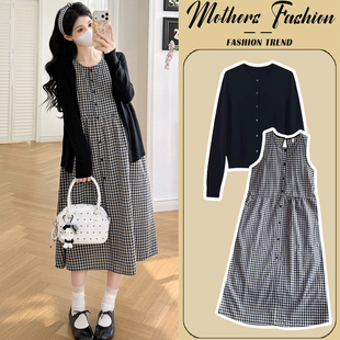 两件套女 孕期穿搭黑白格纹背心裙开衫 孕妇连衣裙套装 春秋2026新款